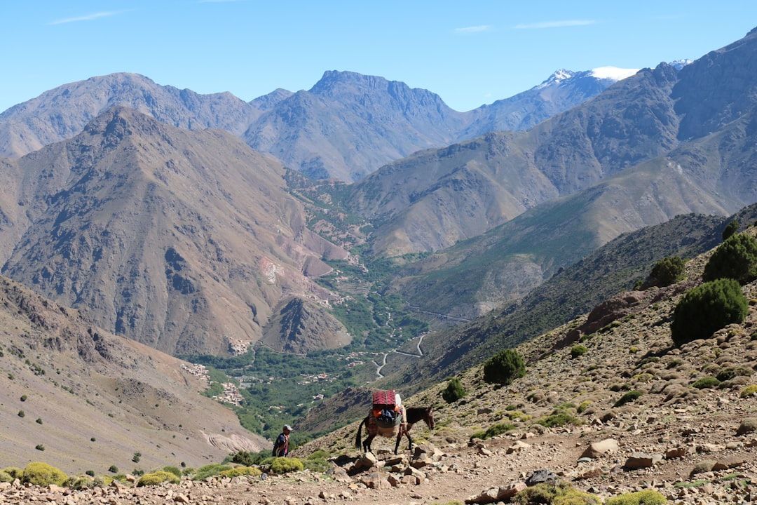 Stone villages and terraced fields in the Imlil valley of the High Atlas mountains, Morocco