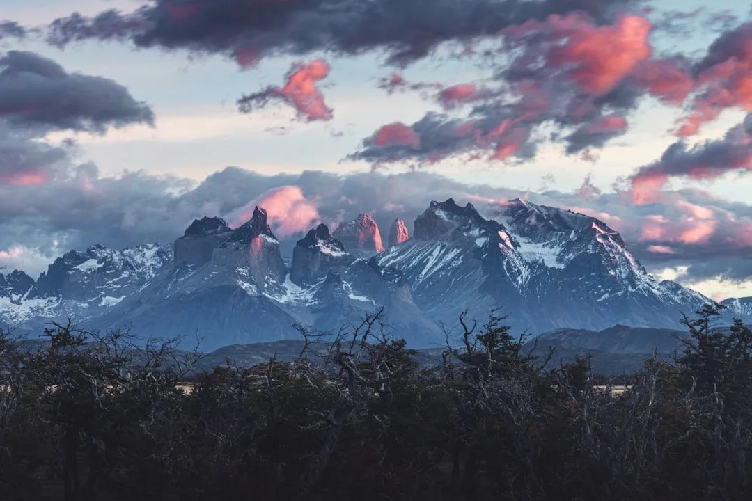 Geodesic glamping domes on wooden decks below the peaks of Torres del Paine, Chilean Patagonia